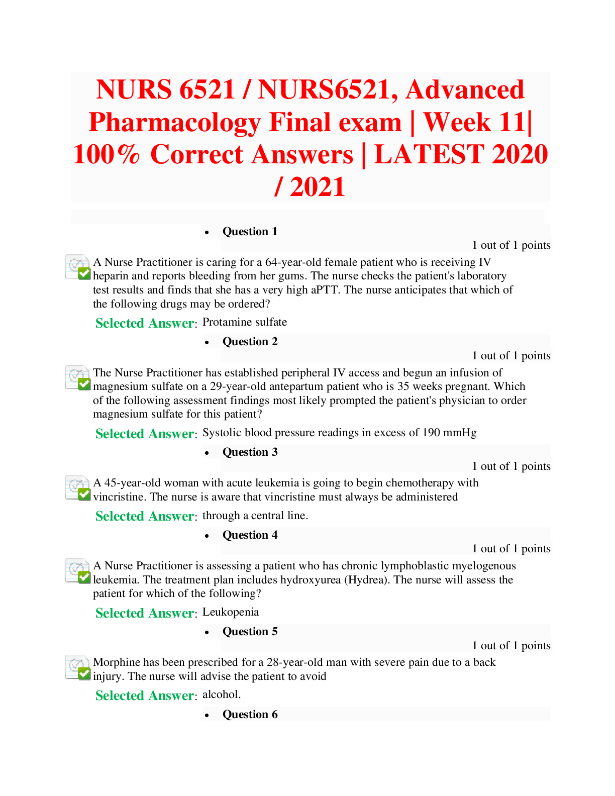 Preview of NURS 6521 / NURS6521, Advanced Pharmacology Final exam | Week 11| 100% Correct Answers | L